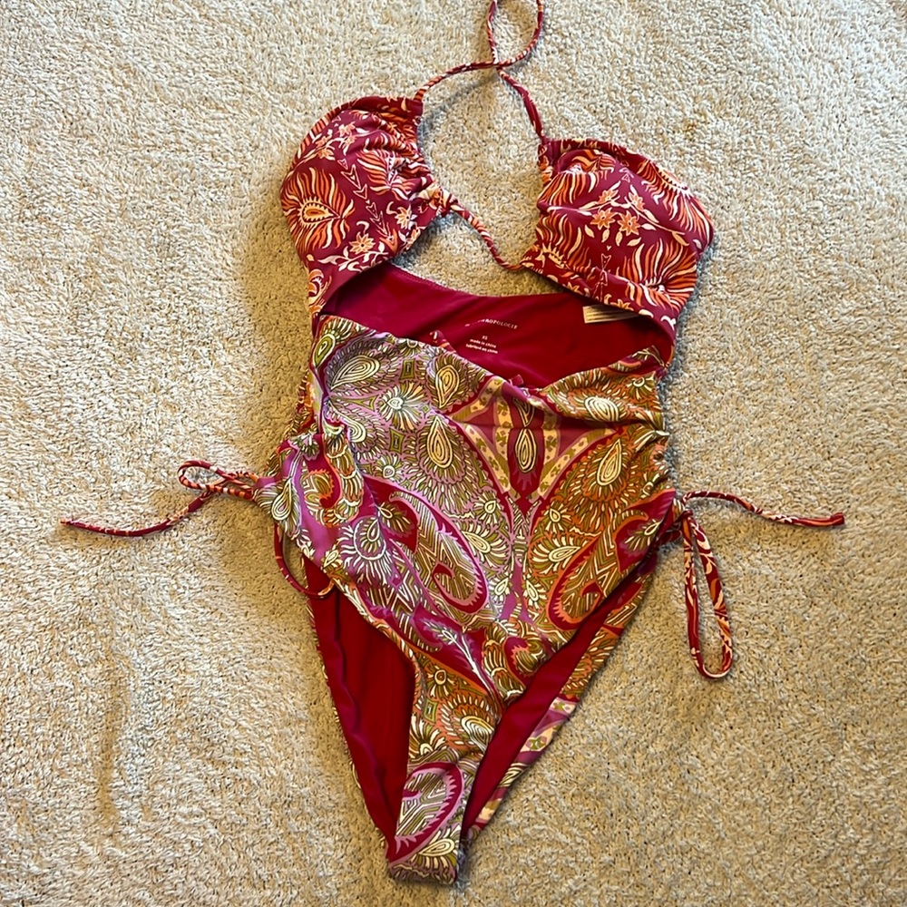 Anthropologie Red Paisley One-Piece Swimsuit